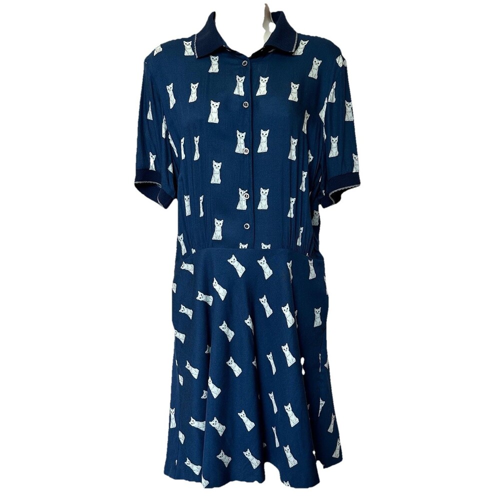 Paul & Joe Sister Dress Lg 42 Midi Short Sleeve Pleated Cat AOP Preppy Twee Blue